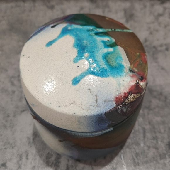 Vtg Handmade Ceramic Pottery Canister With Lid Abstract Art Splatter Decor OOAK - Picture 3 of 8